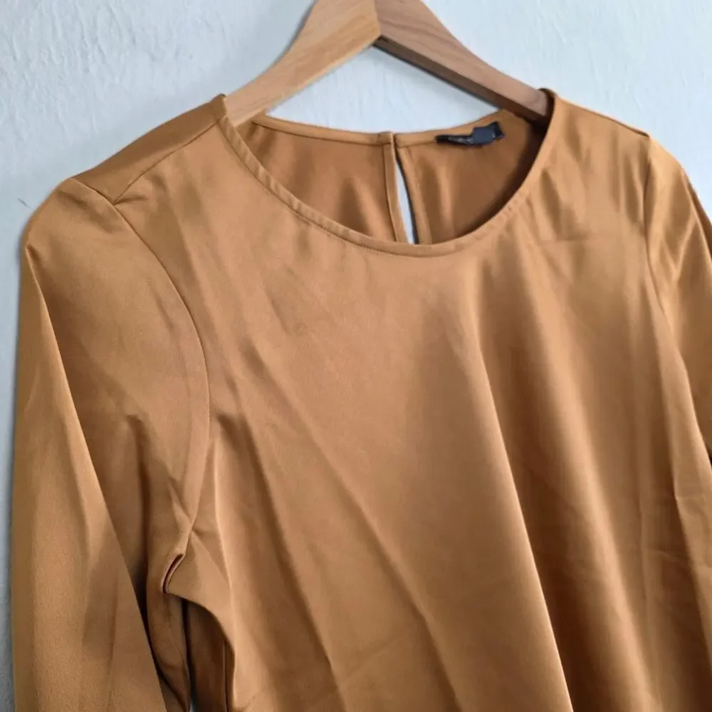 J. Crew Winter Garden Golden Brown Bell Sleeve Ruffle Satin Blouse Top Small NWT
